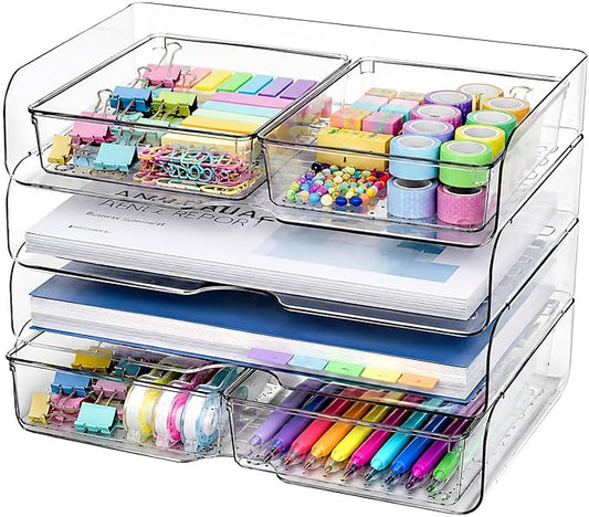 DCA 4 Tier Acrylic Desk Organizer with 4 Storage Bins, Clear Paper Tray Organizer for Letter Size Files, Office Desk Organization System for Documents, School Supplies & Accessories