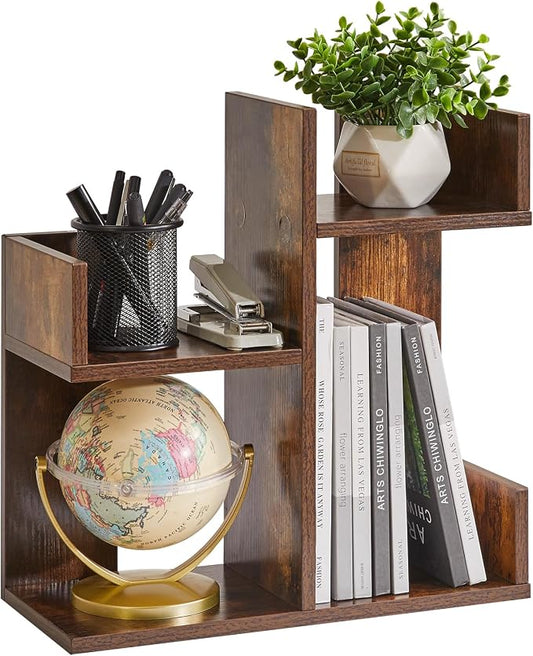 Aibiju Book Display Shelf Small Desk Organizer, Desk Top Storage Organizer, Cookbook Storage Kitchen Counter Shelf, Tabletop Plant Shelf Stand Rustic Brown YD-DSR002H