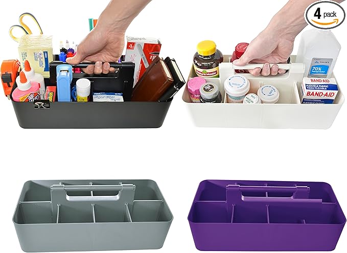 Portable Caddy Organizer - Stackable Plastic Caddy with Handle | Desk, Makeup, Dorm Caddy, Classroom Art Organizers (Made In Usa) (Ivory/Gray/Royal Purple/Black)