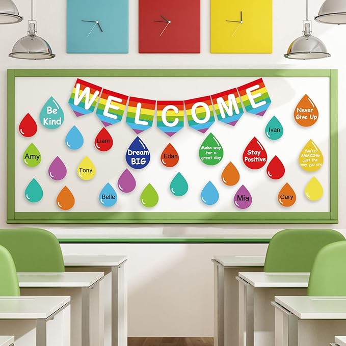 Back to School Bulletin Board Decorations First Day of School Bulletin Board Rainbow Welcome Back Banner Raindrop Motivational Cutouts Classroom Decor School Holiday Bulletin Board