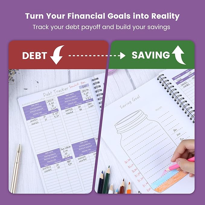 Monthly Budget Planner Book (Undated) with 12 Pockets for Income, Debt, Saving, Expense and Bill Tracker Organizer, Purple, Spiral Design