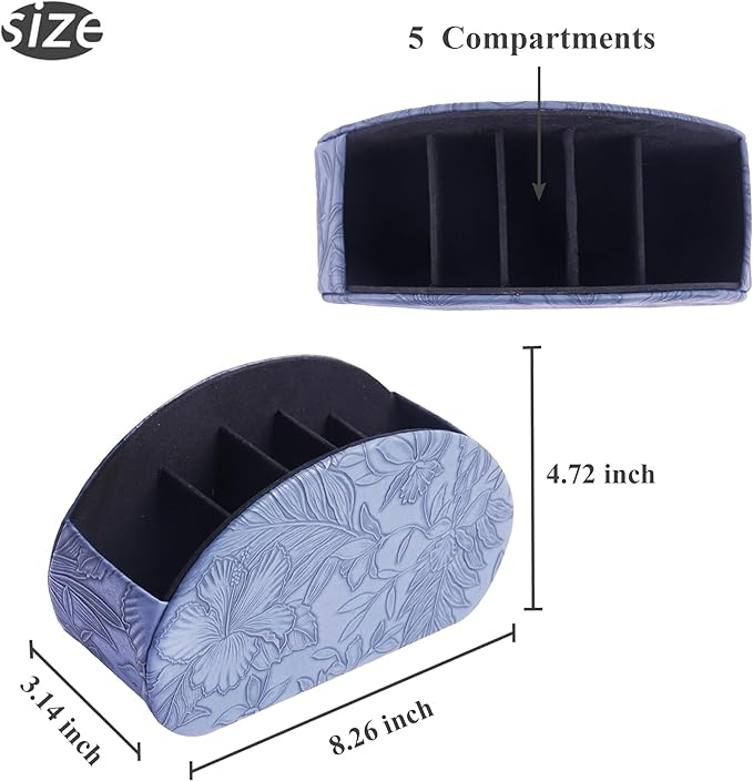 QIELIZI Remote Control Holder, PU Leather Remote Caddy Desktop Organizer with 5 Spacious Compartments for TV Remotes/Media Controllers/Office Supplies (1-Carved Blue