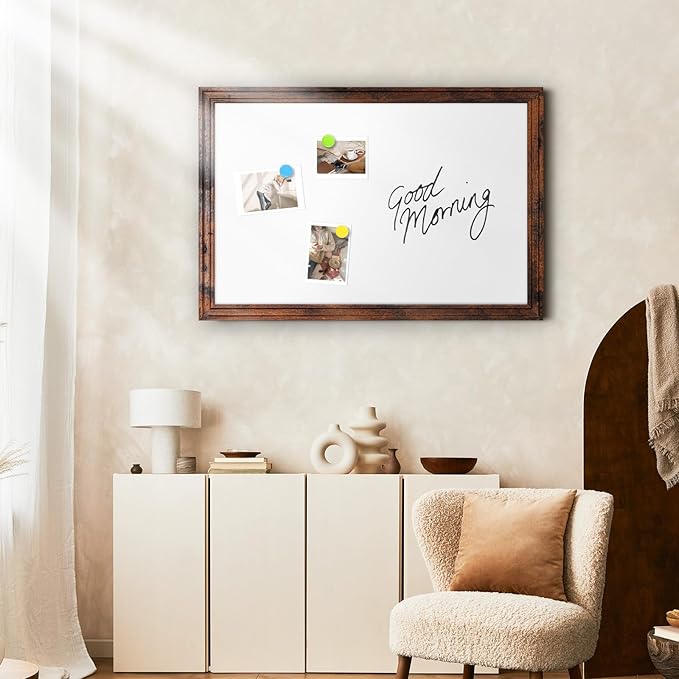 Large White Board for Wall, 36''x24'' Magnetic Dry Erase Board, Decorative Whiteboard with Brown Vintage Wooden Frame, Hanging Writing Board for Home Office School Dorm