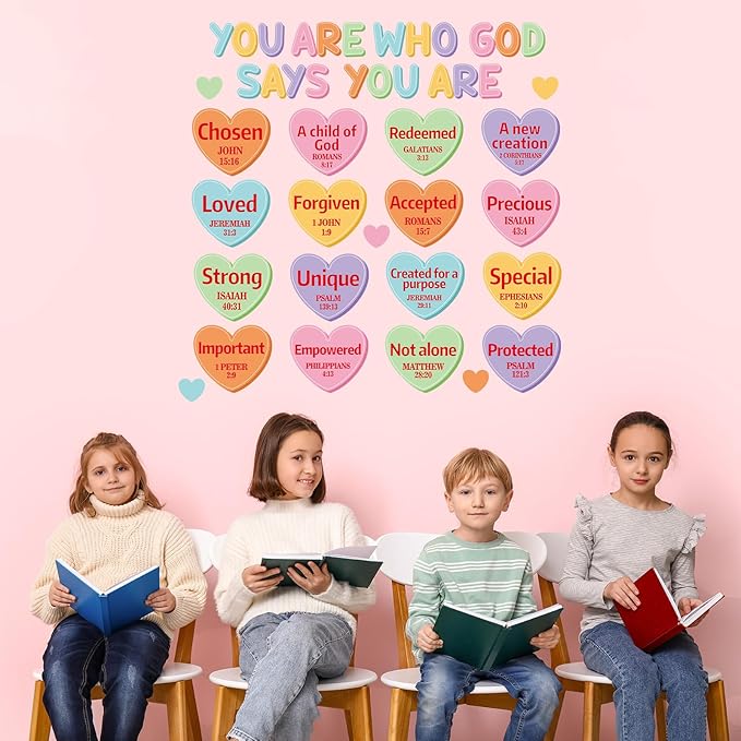 Christian Bulletin Board Decorations Set Motivational Quote Paper Cutout God Says You are Valentine's Day Classroom Wall Decor Conversation Heart Bulletin Board for Sunday School Home Church Supplies