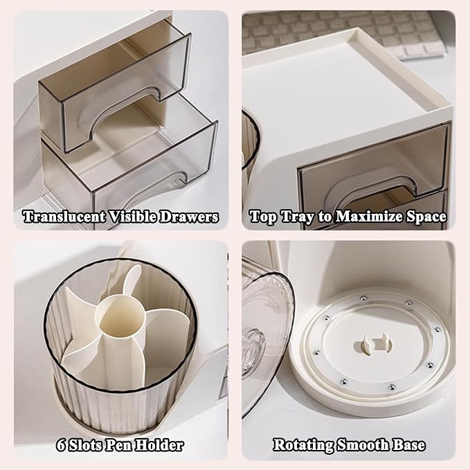 SAYEEC Rotating Desk Organizer with 2 Drawer 6 Slots Multi-Functional Pencil Pen Holder Desktop Makeup Organizer Stationery Accessories Storage Box Caddy for Office School Home Art Supplies (White)