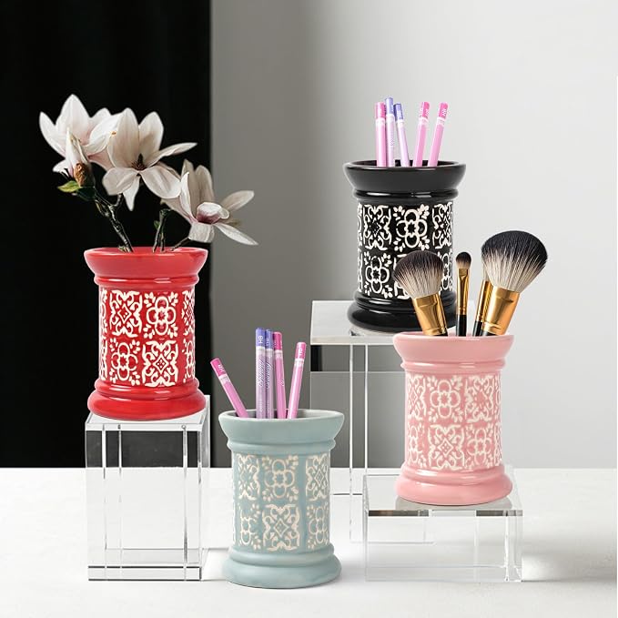 Printed Pencil Holder, Cute Pen Holder for Desk, Ceramic Carved Cylinder Pencil Holder, Office Decoration Container Islamic Style(Black)