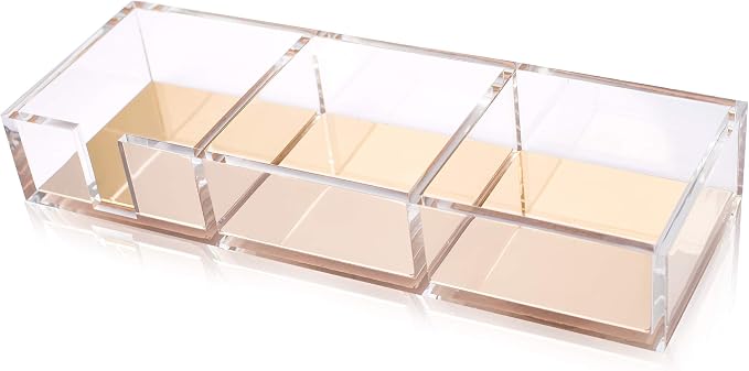 Premium Acrylic and Gold Base Note Holder, Paper Clips Holder for Desk, Cube Memo Pad 3 Compartments Desktop Organizer