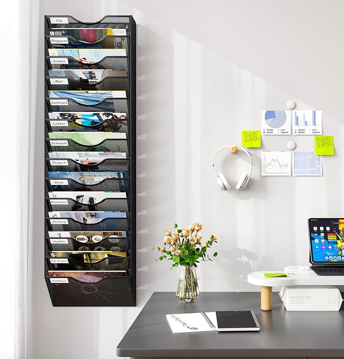 14 Pockets Hanging Wall File Organizer, Office Organization Wall Mount Mail Sorter Paper Holder Bill Organizer for Home, Black