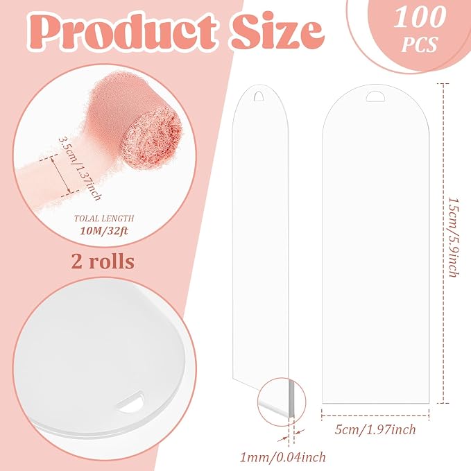 Yeaqee 100 Pcs Acrylic Bookmark Blanks Clear Bookmarks Acrylic Tags with 2 Rolls Ribbon DIY Craft Transparent Bookmark for Reading Lovers for School Presents(5.9 x 2 Inch,Dusty Pink)