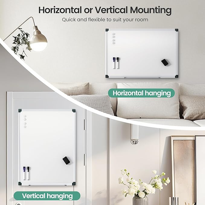 Magnetic White Board 24" x 18" for Wall, Dry Erase Board for Home Office, School, Study Room – Silver Aluminum Frame, 2 Markers, 4 Magnets, Eraser Included