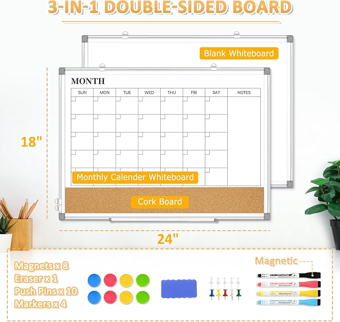 Dry Erase Calendar Whiteboard for Wall, 24"x18" Magnetic Monthly White Board Cork Board Combo, Double Sided, Aluminum Frame, Wall Hanging Wipe Board for Home, Office, School, Dorm