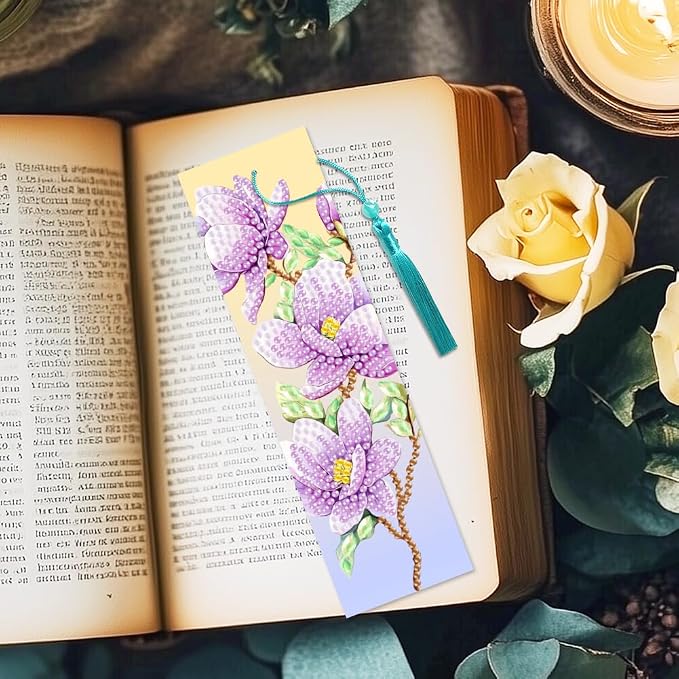 6Pcs Magnolia 5D Diamond Art Bookmarks Flowers Diamond DIY Painting Bookmarks Rhinestones Beaded Acrylic Tassel Bookmark for Adult Beginner Crafts
