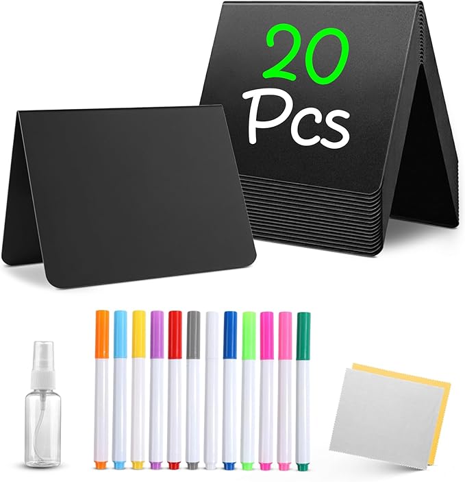 20 Pack Mini Chalkboard Signs for Food, 4”x3” Small Reusable Chalk Board Signs w/Spray Bottle, Food Labels for Party Buffet, Table Signs for Wedding, Name Tags & Bakery w/12 Markers & 2 Wiping Cloths