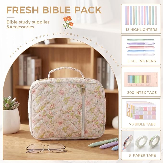 Bible Cover Case Durable Handle Quilted Bible Carrying Case for Girls Bible Study Supplies Accessories (Spliced Flower)