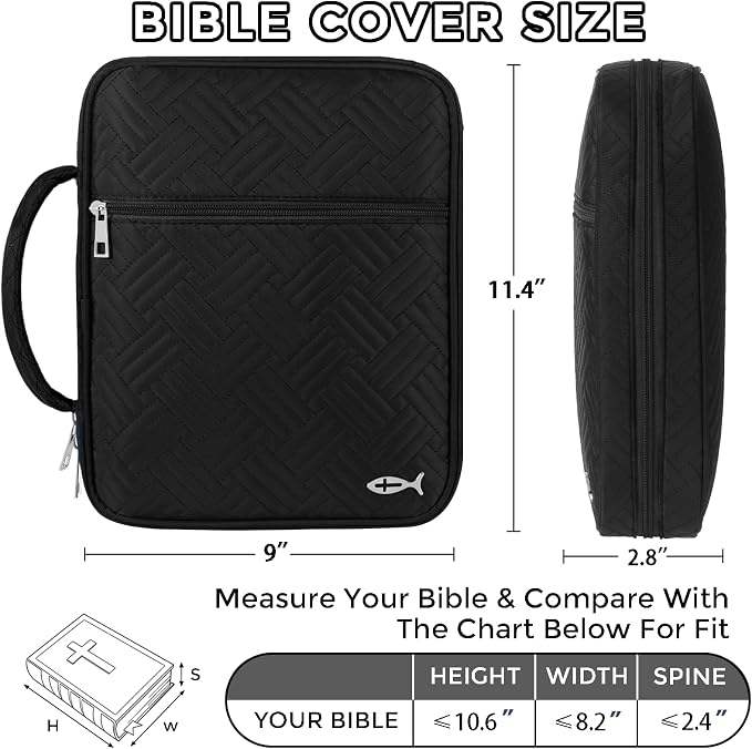 XKDOUS Bible Cover Case for Women, Large Bible Cover with Durable Handle, Washable Quilted Bible Case, Bible Study Supplies & Christian Gifts for Mom, Women, Men (Black)