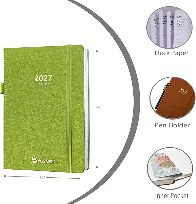 2027 Daily Planner/Calendar, One Page Per Day, Daily Monthly Agenda Planner with Time Slots and Monthly Tabs, Jan - Dec 2027, 5.7" x 8.25" Appointment Book, Pen Holder, Leather Cover (Chartreuse)
