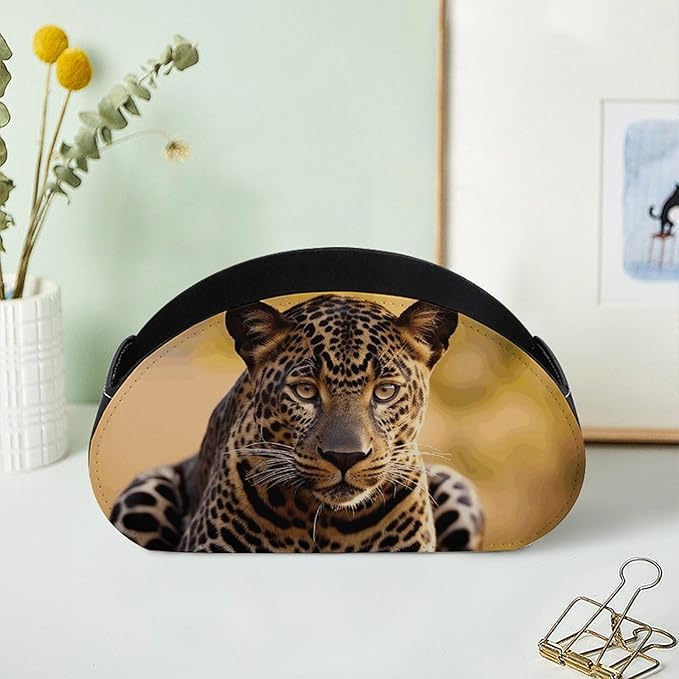 Leather Remote Control Holder with 5 Compartments TV Remote Caddy Storage Box Tray Africa Nature Leopard Desktop Organizer Makeup Brush Holder Store Glasses Brush Pen Office Supplies