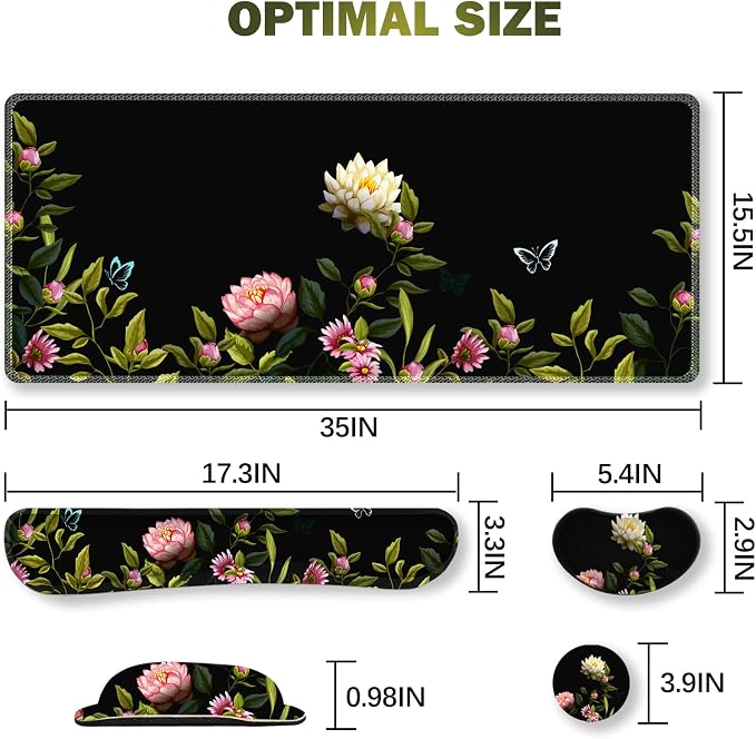 ARTSO Gaming Mouse Pad Wrist Support Set, XXL Large Desk Mat Mousepad + Keyboard Wrist Support+ Mouse Wrist Rest+Coaster 4in1 Ergonomic, Stitched Edge for Home Office -Flowers and Butterflies