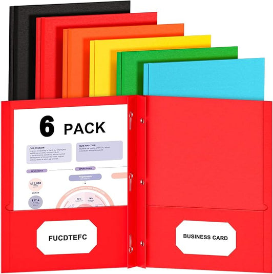 FUCDTEFC Folders with Pockets and Prongs, 6 Pack Colors Pocket Folder with Prongs, Heavy Duty Paper 2 Pocket 3 Prong File Folders with Business Card Slot for Back to School Office Letter Size