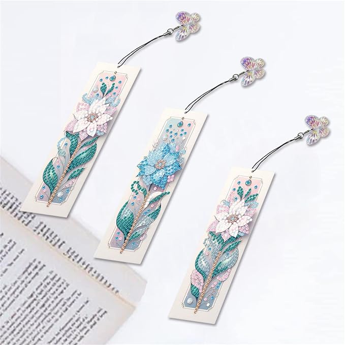 3pcs Flower Diamond Art Bookmarks,Flowes Diamond Painting Bookmark Kits for Adult,DIY Gem Art Small Crafts with Rhinestone Tassel,Paint by Diamonds for Graduation Birthday Reader Gifts (flower-023)