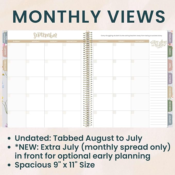bloom daily planners New Undated Academic Year Teacher Planner & Calendar with Frosted Protective Cover - 7 Period Lesson Plan Organizer Book (9" x 11") - Teach Them Love Them