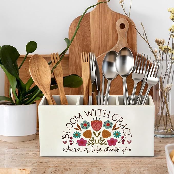 Boho Floral Inspirational Pen Pencil Holder, Mental Health Wood Desk Organizer and Accessories, Inspirational Positive Gifts for Women Pen Holder Desk Organizer for Therapy Office Tabletop