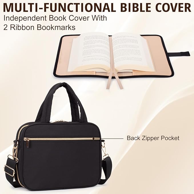 Large Bible Cover for Women,2 Compartments Bible Carrying Case With Handles Shoulder Strap, Soft Puffy Quilted Bible Bags With Book Cover Organizer, Bible Tote For Church Study Supplies Accessories