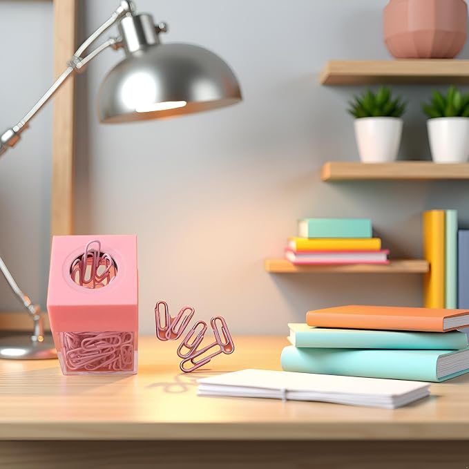 Pink Paper Cilp Dispenser Holder Clear Acrylic Organizers with Magnetic Top for Desk Cute Office Binder Clip, Paper Clip Holders