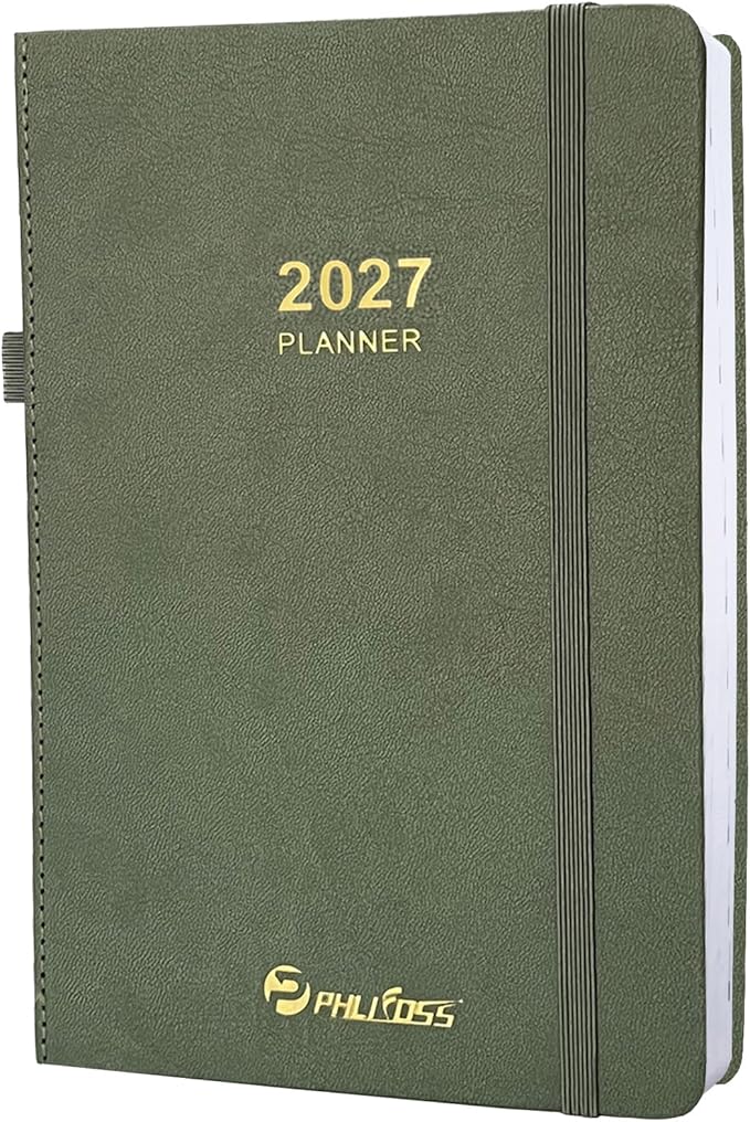 2027 Daily Planner/Calendar, One Page Per Day, Daily Monthly Agenda Planner with Time Slots and Monthly Tabs, Jan - Dec 2027, 5.7" x 8.25" Appointment Book, Pen Holder, Leather Cover (Green)