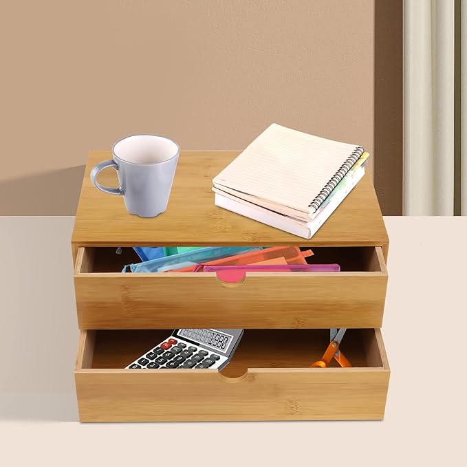 Bamboo Desk Organizer, Drawer Tabletop Storage Organization Box for Office Home Toiletries Supplies, No Assembly Required (2 Drawer)