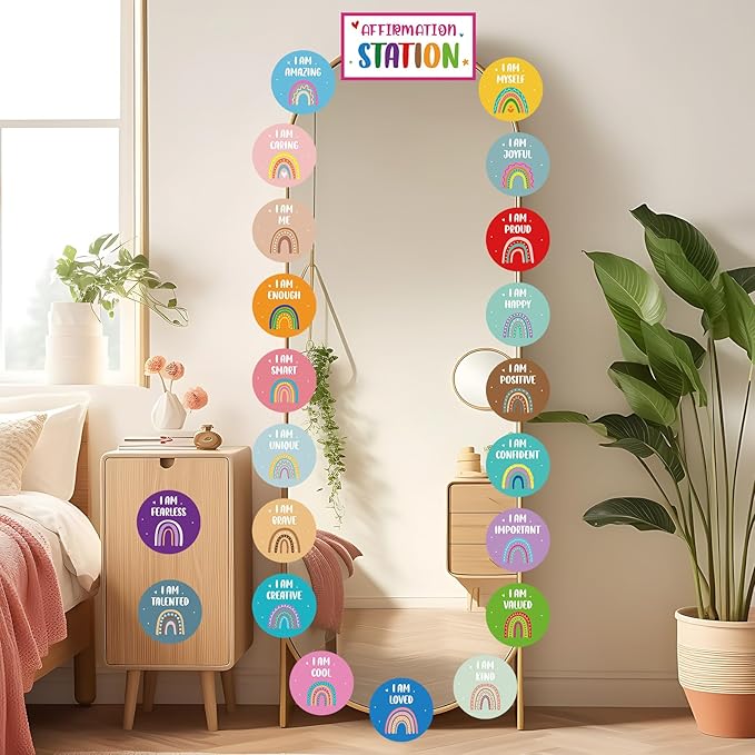 Boho Affirmation Station Bulletin Board Set Rainbow Positive Bulletin Board Positive Mirror Growth Mindset Inspirational Motivational Accent Cutouts for School Teacher Home Wall Supply