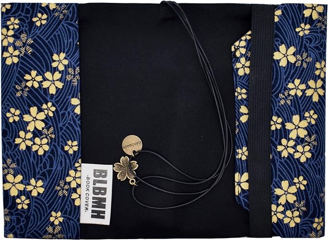 BLBMH A6 Book Cover 4x6 | Non-Stretch Fabric Sleeve with Bookmark | Handmade Washable Protector for Paperback Journal Bible Notebook | Gift for Women Readers - Blue Sakura
