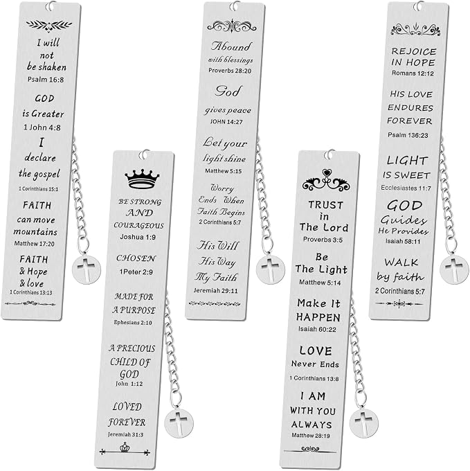 Fainne 5 Pcs Bible Verse Metal Bookmark Christian Gifts for Women Men Baptism Inspirational Religious Bookmarks with Church Cross Chain Scripture for First Communion Book Lovers Christian Gift(Silver)