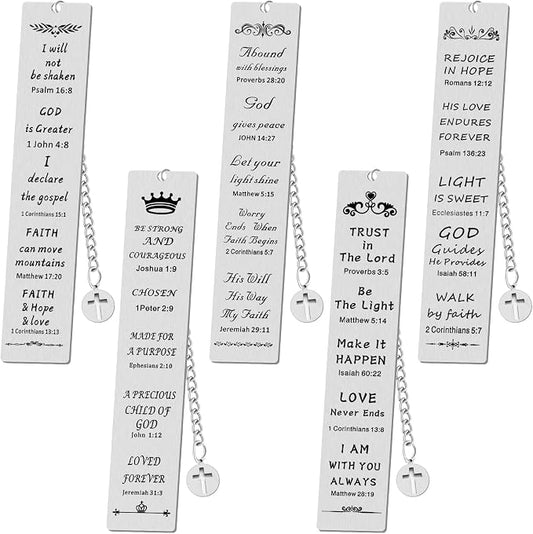 Fainne 5 Pcs Bible Verse Metal Bookmark Christian Gifts for Women Men Baptism Inspirational Religious Bookmarks with Church Cross Chain Scripture for First Communion Book Lovers Christian Gift(Silver)
