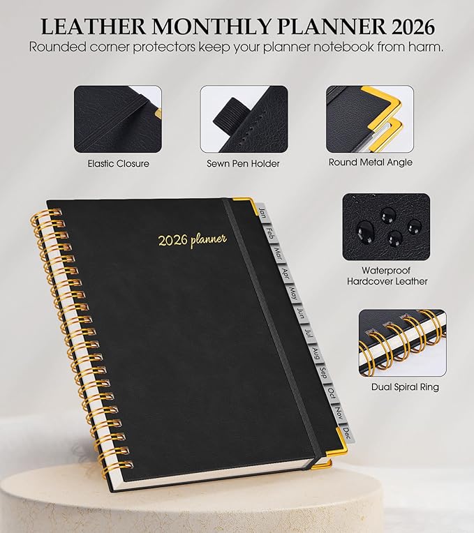 2026 Planner, Weekly and Monthly Calendar Planner from January 2026 - December 2026, 8.5" x 11" Hardcover Leather Hourly Appointment Book with Tabs, Spiral Daily Planners for College School Work Home, Black