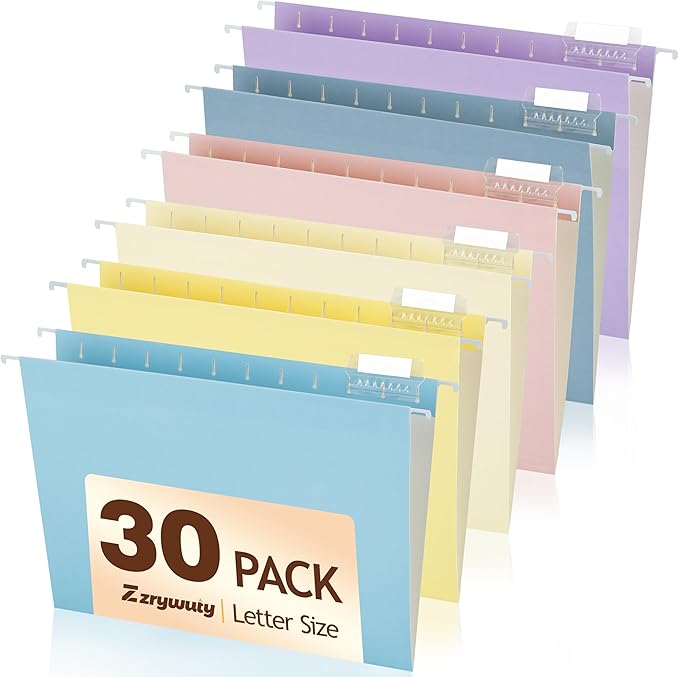 Zzrywuty Hanging File Folders, 30-Pack Letter Size Hanging File Folders with 1/5-Cut Tabs, Color File Folders Office Organizer for Filing Cabinet, Bulky Files & Medical Charts