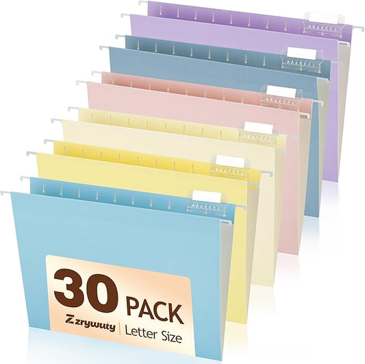 Zzrywuty Hanging File Folders Letter Size, 30-Pack Hanging File Folder with 1/5-Cut Tabs, Color File Folders Hanging Organizers for Filing Cabinet, Bulky Files & Medical Charts