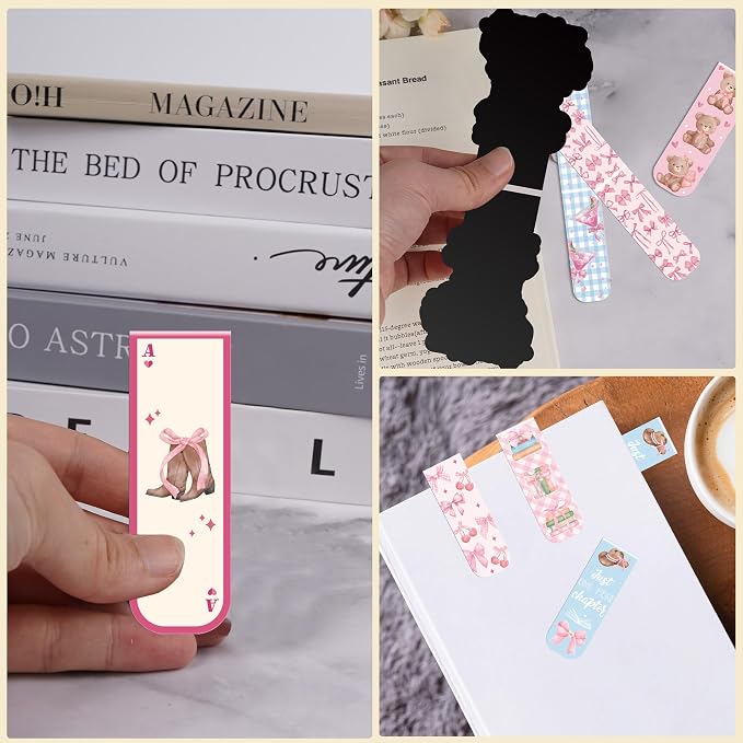 Pink Bow Magnetic Bookmarks Gifts: 30 Pcs Cute Girly Magnet Bookmark Clips with Bear Cherry Reading Quotes, Pretty Book Marks for Women Girls, Gift for Readers Book Lovers School Office Supplies