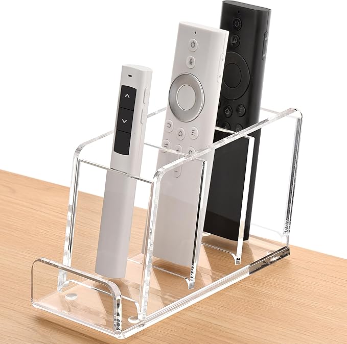 Acrylic Remote Control Holder, 4 Compartments TV Remoter Caddy Desktop Organizer Makeup Brush Holder Storage Fits TV Remotes, Media Controllers, Office Supplies(Clear)