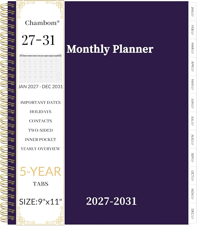 2027-2031 Monthly Planner 5 Year Monthly Planner/Calendar 2027-2031, Jan 2027 – Dec 2031, 9" x 11", Tabs, Double-Side Pocket, Holidays, Thick Paper - Purple