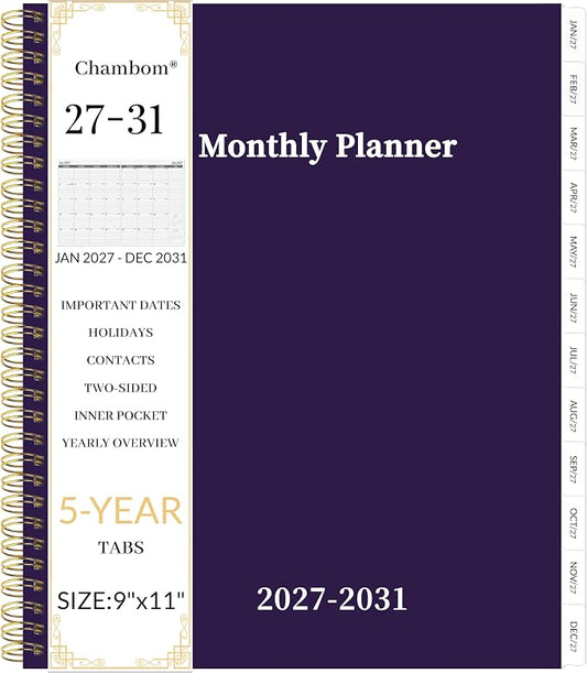 2027-2031 Monthly Planner 5 Year Monthly Planner/Calendar 2027-2031, Jan 2027 – Dec 2031, 9" x 11", Tabs, Double-Side Pocket, Holidays, Thick Paper - Purple