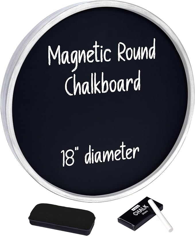Better Office Products Round Magnetic Chalkboard with Wooden Frame for Office and Home, 18x18 inches with Mounting Hardware, 4-Piece Chalk Set, and Eraser Included (Whitewash)