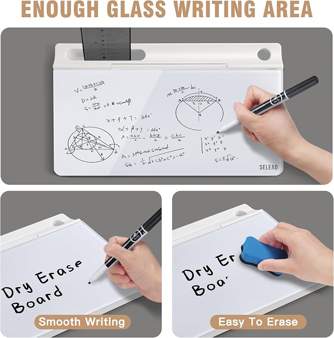 SELEAD Desktop Glass Whiteboard with Storage, Small Dry Erase White Board Computer Pad Keyboard Stand for Home, School, Office Desk Accessories - White