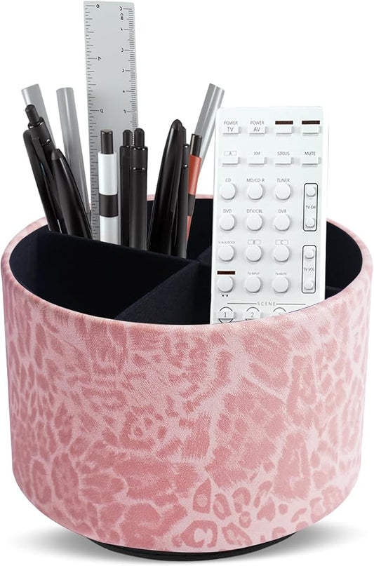 Round Leather Art Supply Organizer,Remote Control Holder,360 Degree Rotating,Multi-Functional Pencil Holder,4 Compartments Desktop Stationary Organizer(1-Leopard Pink)