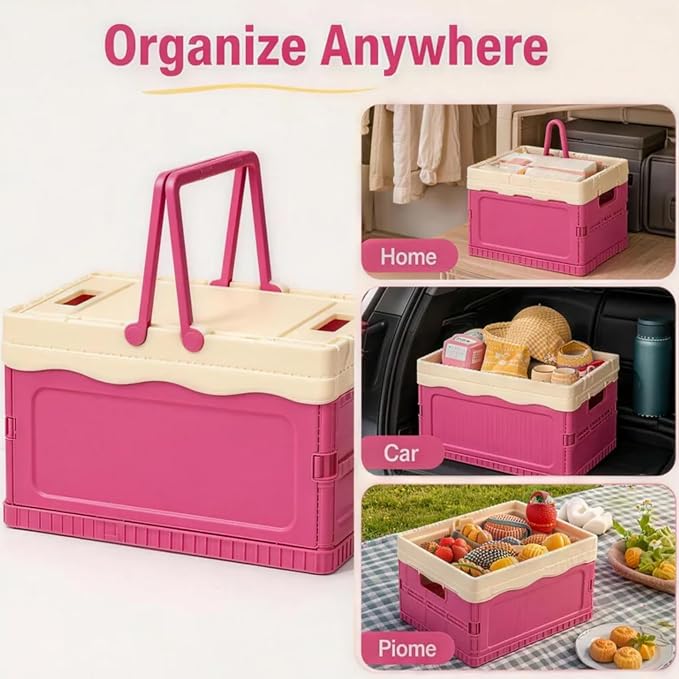 Pink Storage Bins with Lids, Foldable Storage Basket, Collapsible Plastic Organizer Bin with Handle, Portable Stackable Container for Home, Kitchen, Bedroom, Office, Car, Picnic
