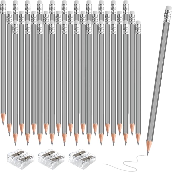 36 PCS Silver Colored Pencils with Eraser Pre Sharpened Pencil 2 HB - Ideal for Checking, Grading, Tests & Office/School Supplies (Silver)