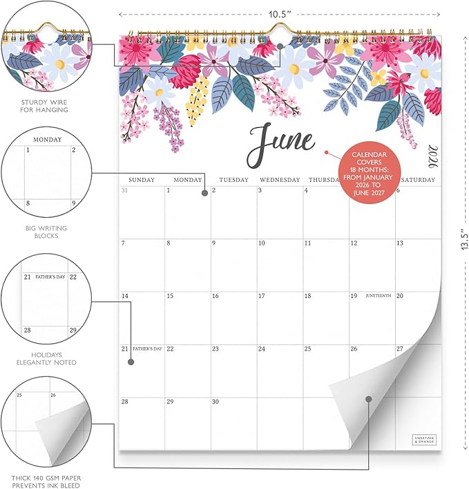 S&O Vertical Floral Wall Calendar from January 2026-June 2027 - Tear-Off Monthly Calendar - 18 Month Academic Wall Planner - Hanging Organizer to Track Anniversaries & Appointments - 13.5"x10.5”in