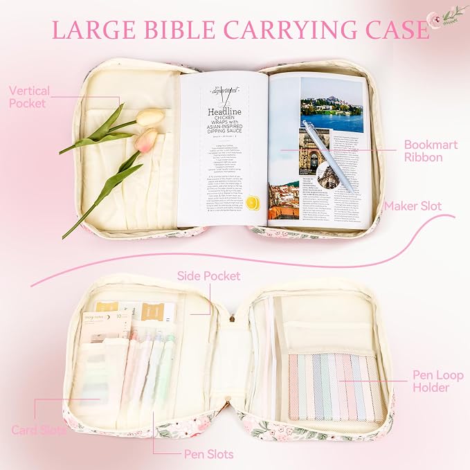 Bible Cover Case for Women Large Quilted Bible Carrying Bag with Handles Bible Study Supplies & Accessories Christian Gifts for Women(Strawberry Garden, M)