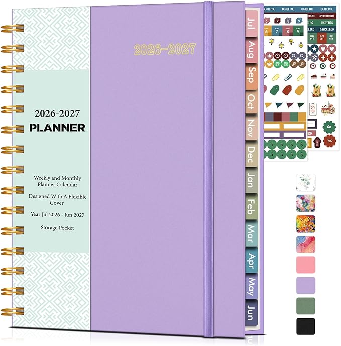 Academic Planner 2026-2027, Weekly and Monthly Calendar Planner from July 2026 - June 2027, 6.1" x 8.2" A5 Large Daily Agenda Book with Tabs, Flexible Cover, College School Organizer for Student Teacher, Purple