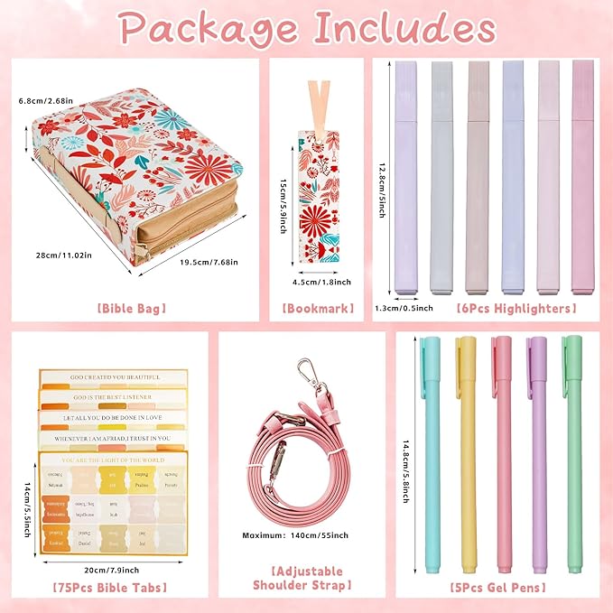19PCS Idyllic Flower Leather Bible Cover for Women Floral Bible Cover Cases for Teen Girls Christmas Gift Christian Church Carrying Bag Journaling Kit with Shoulder Strap Highlighter Pens Book Marker